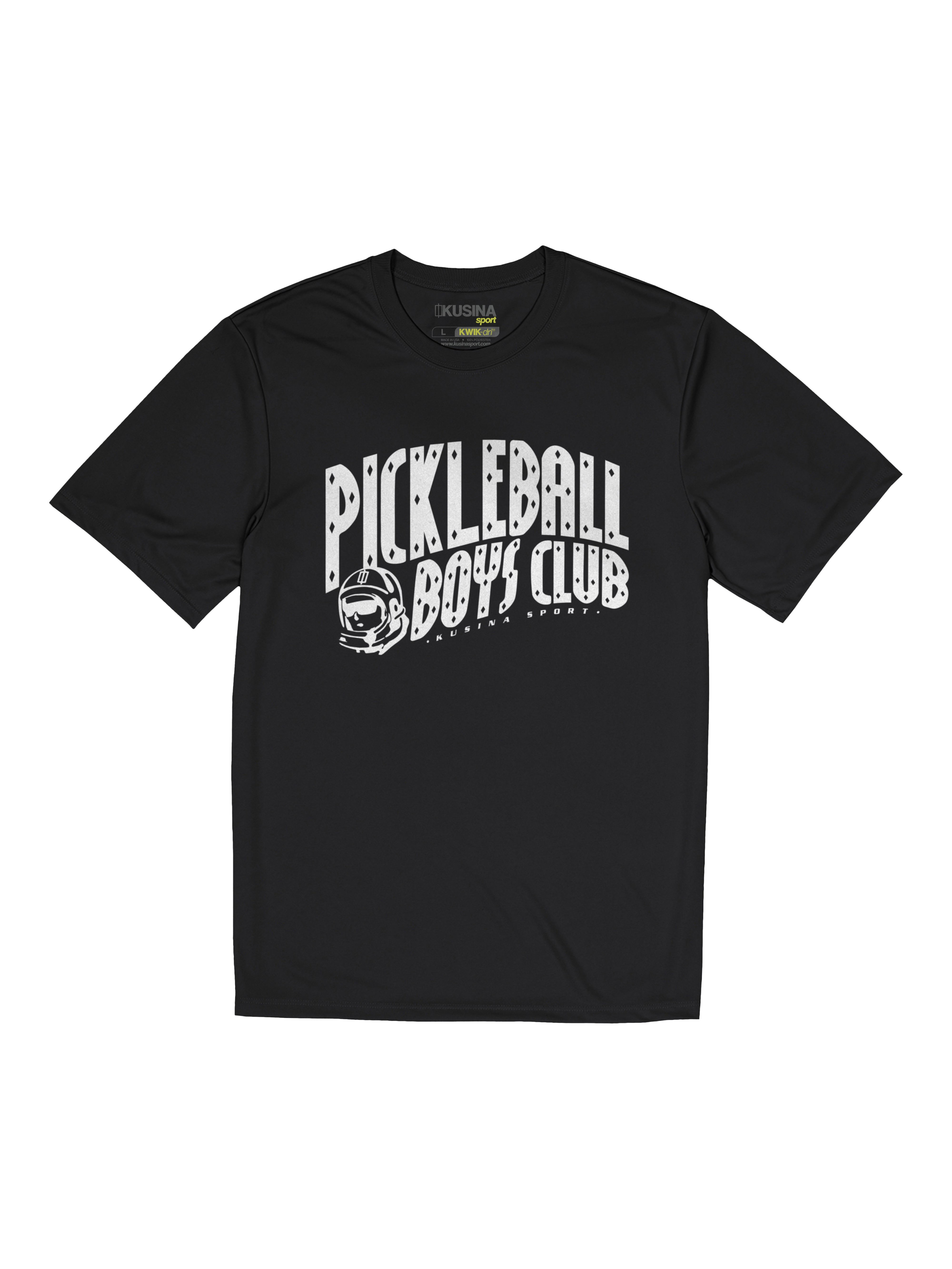 Kusina black pickleball sport performance tee with Pickleball Boys Club - PBC graphic and astronaut design
