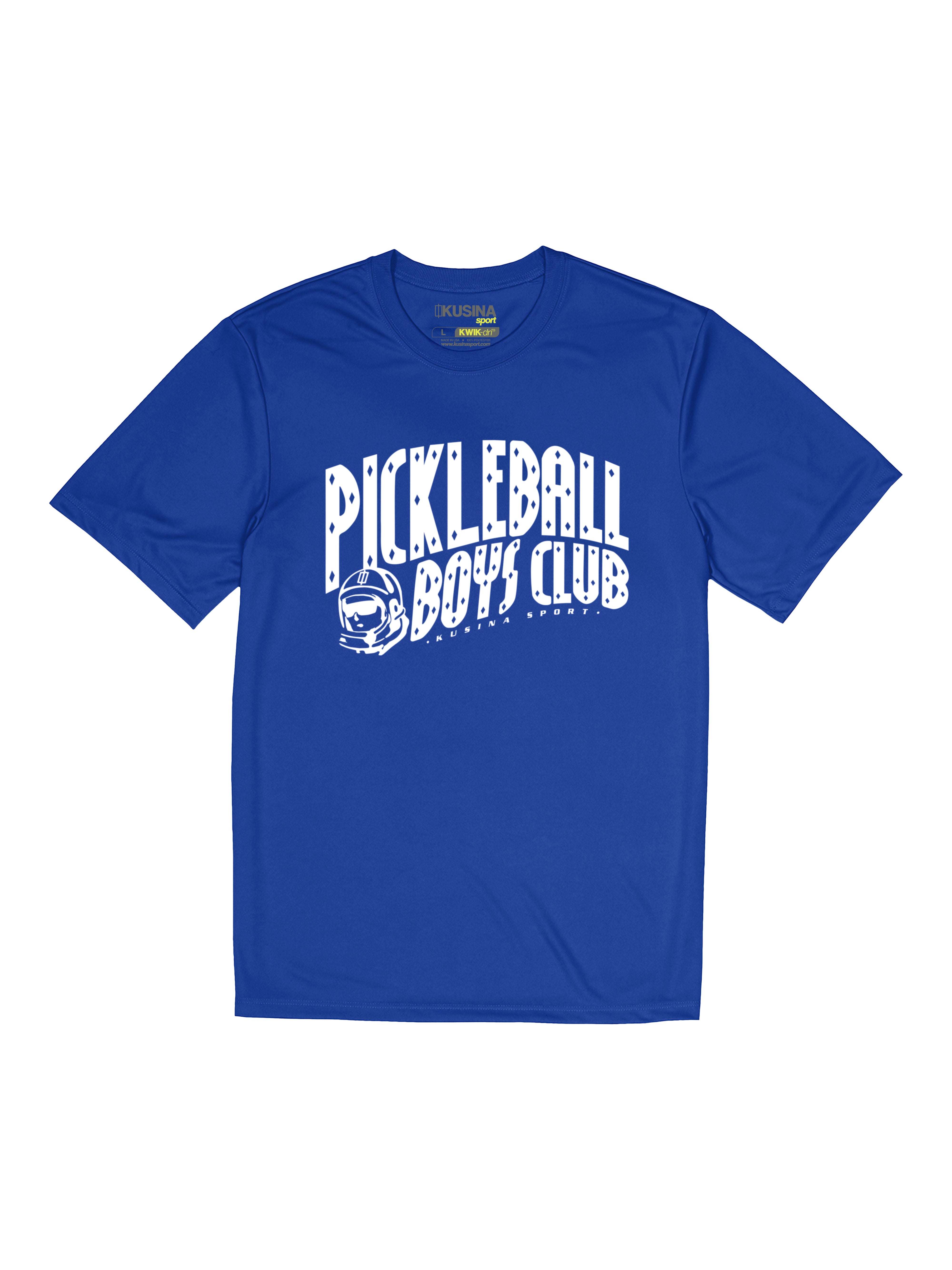 Kusina royal blue pickleball sport performance tee with Pickleball Boys Club - PBC graphic and astronaut design