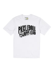 Kusina white pickleball sport performance tee with Pickleball Boys Club - PBC graphic and astronaut design