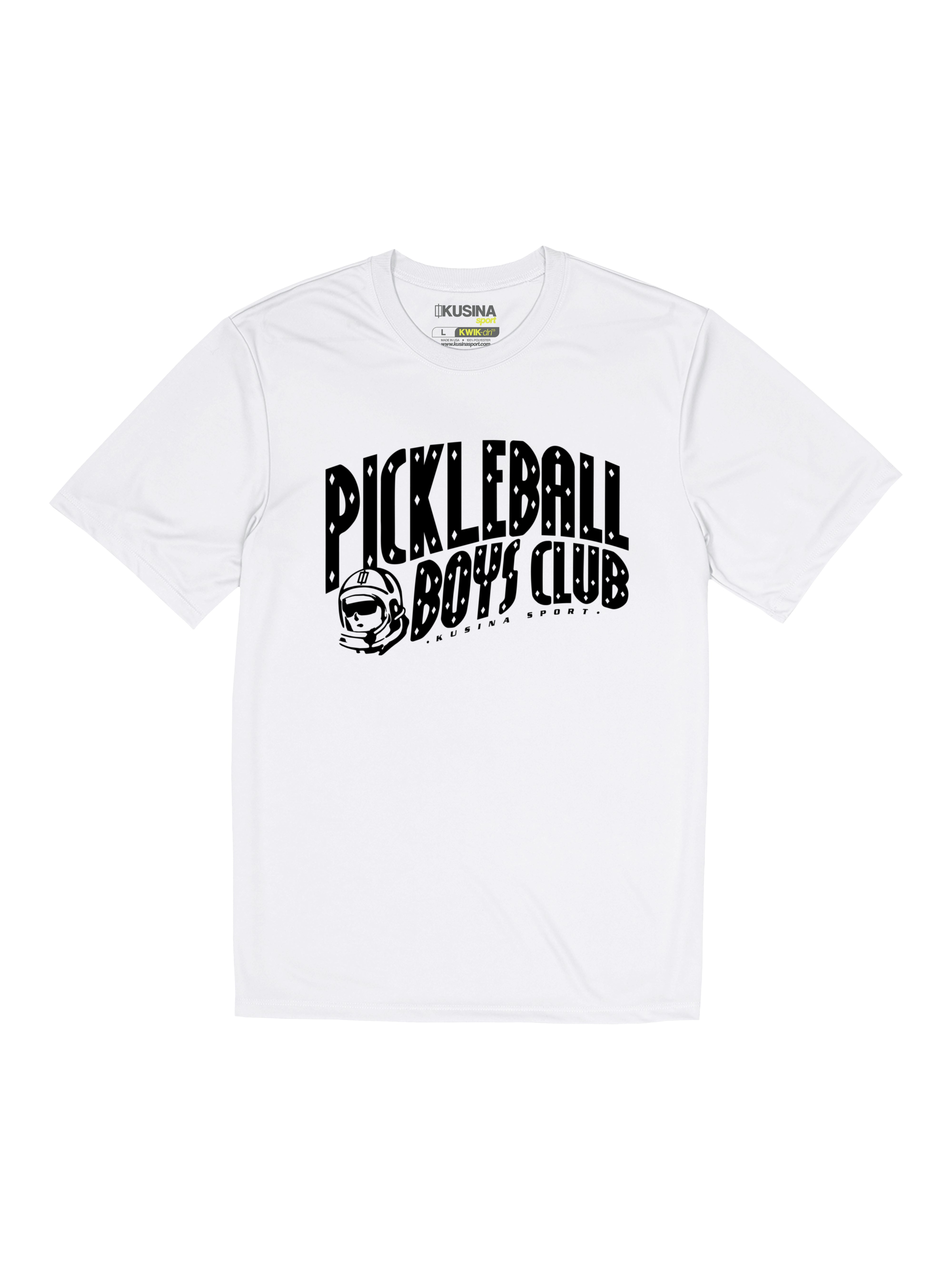 Kusina white pickleball sport performance tee with Pickleball Boys Club - PBC graphic and astronaut design