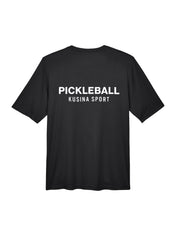 Black Kusina pickleball performance tee with white PICKLEBALL Kusina Sport text on back