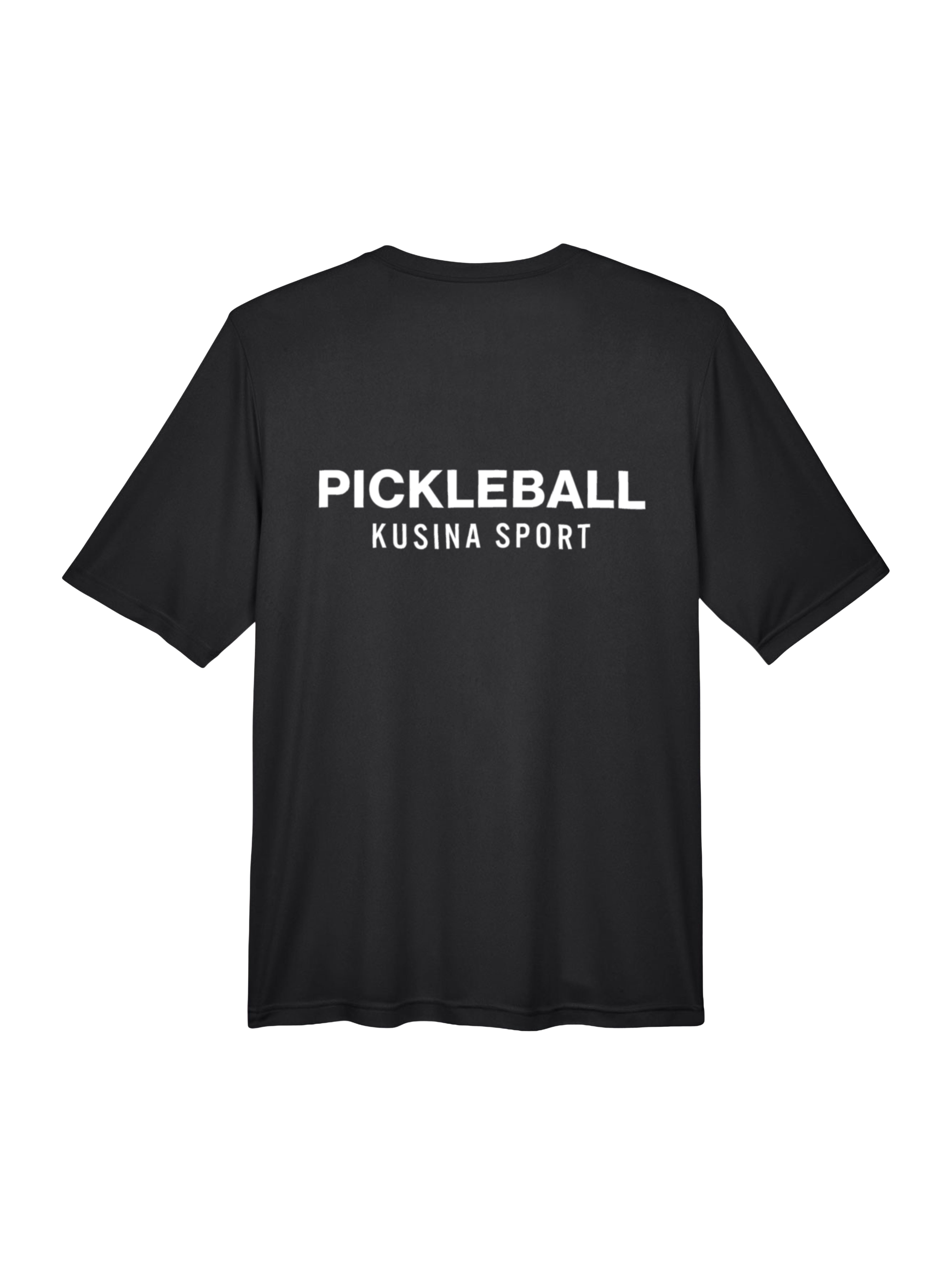 Black Kusina pickleball performance tee with white PICKLEBALL Kusina Sport text on back
