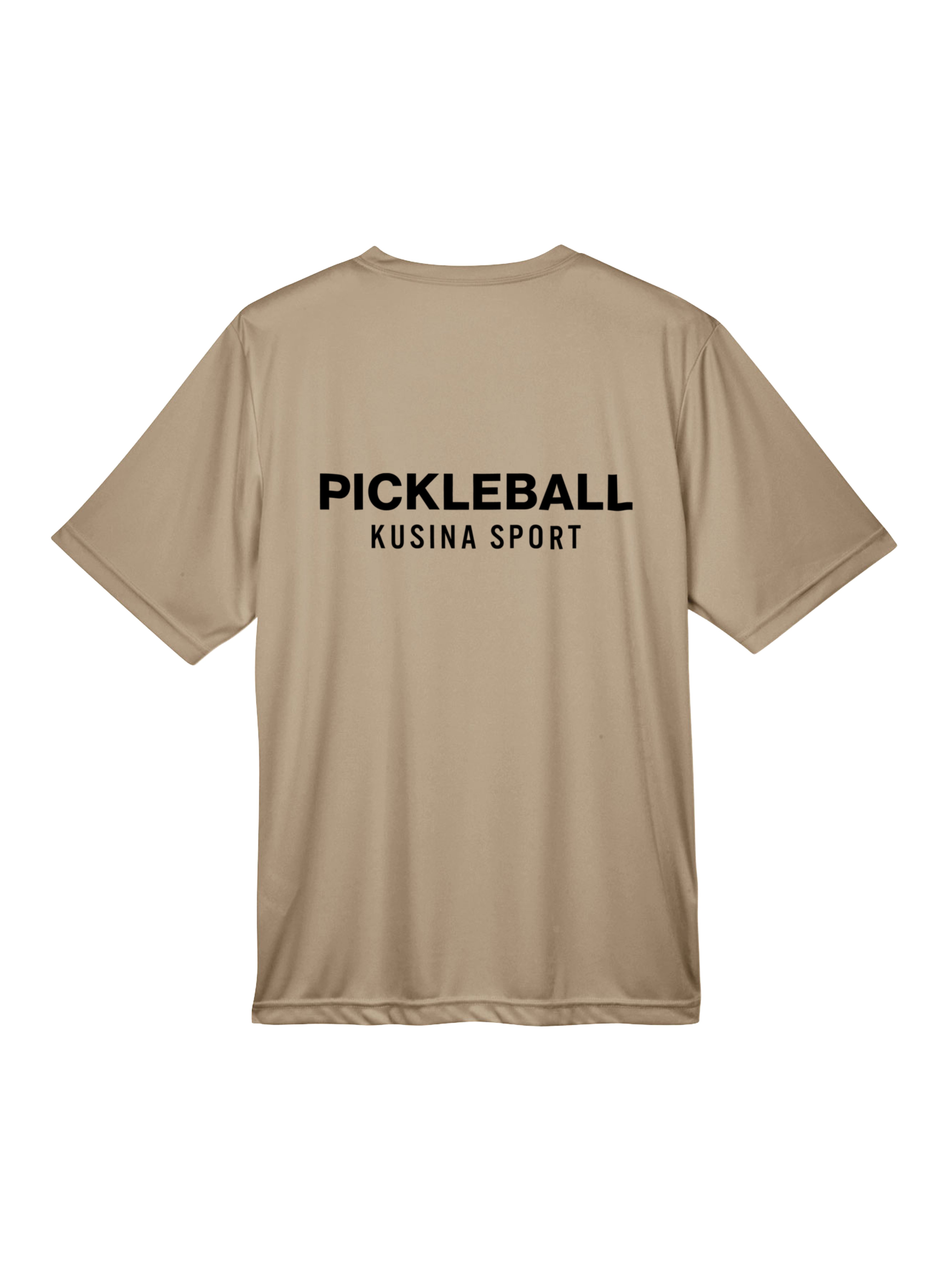 Desert khaki Kusina pickleball performance tee with black text on the back for sport enthusiasts