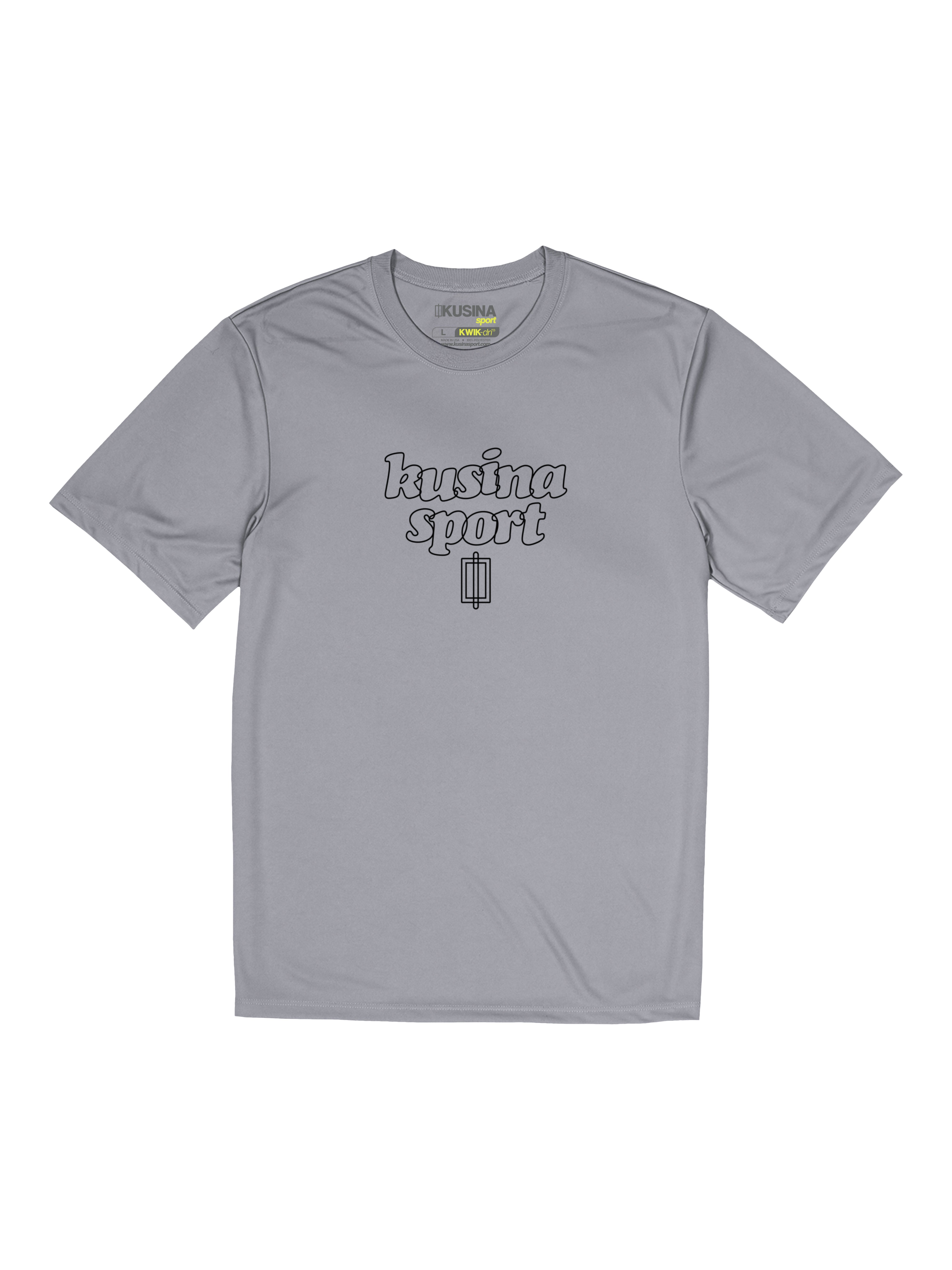 Kusina gray pickleball performance tee with kusina sport logo printed on front