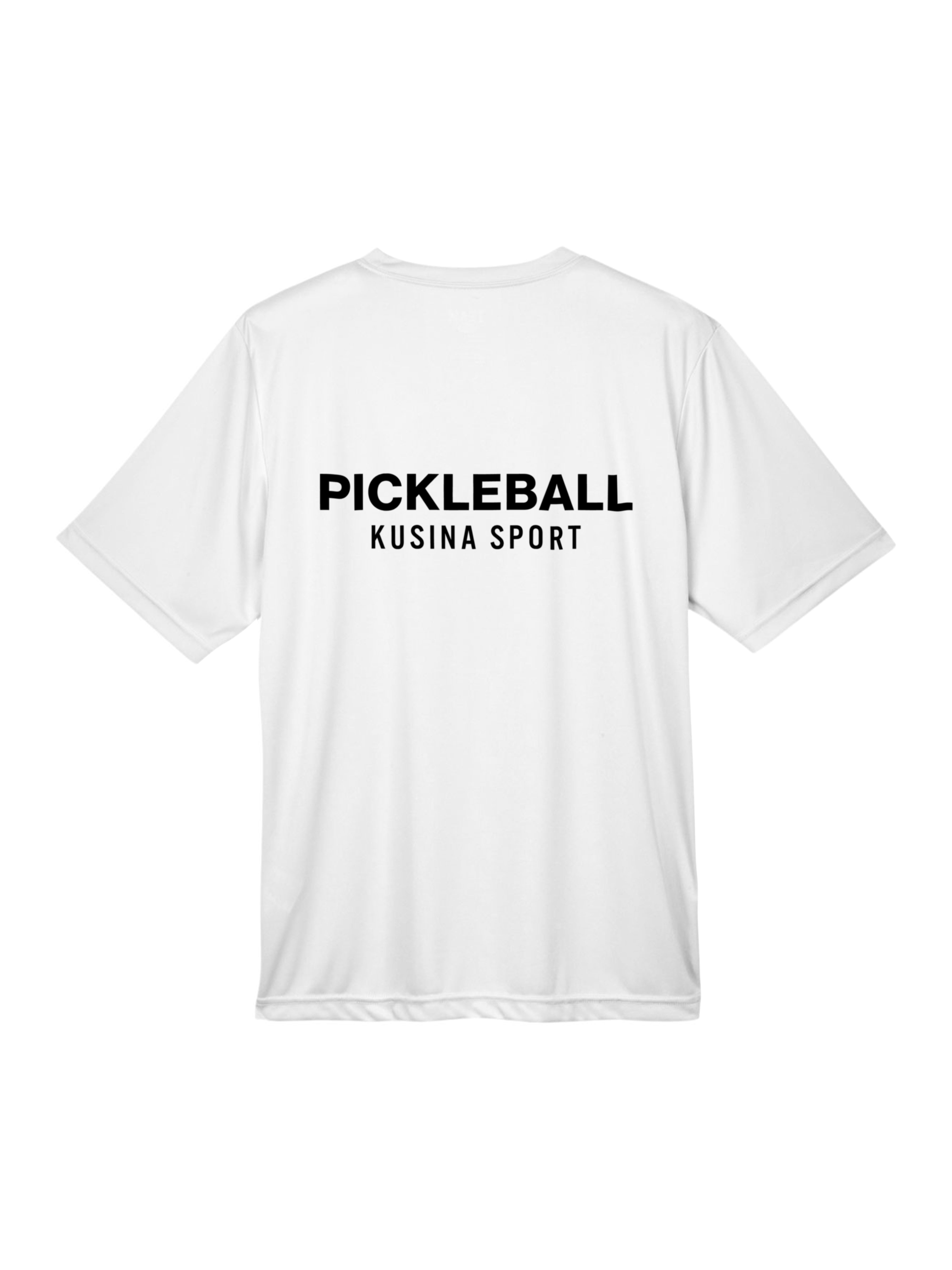 White Kusina Sport pickleball performance tee with black printed logo on the back