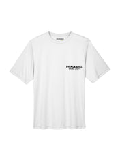White Kusina pickleball performance tee with short sleeves and printed logo on chest