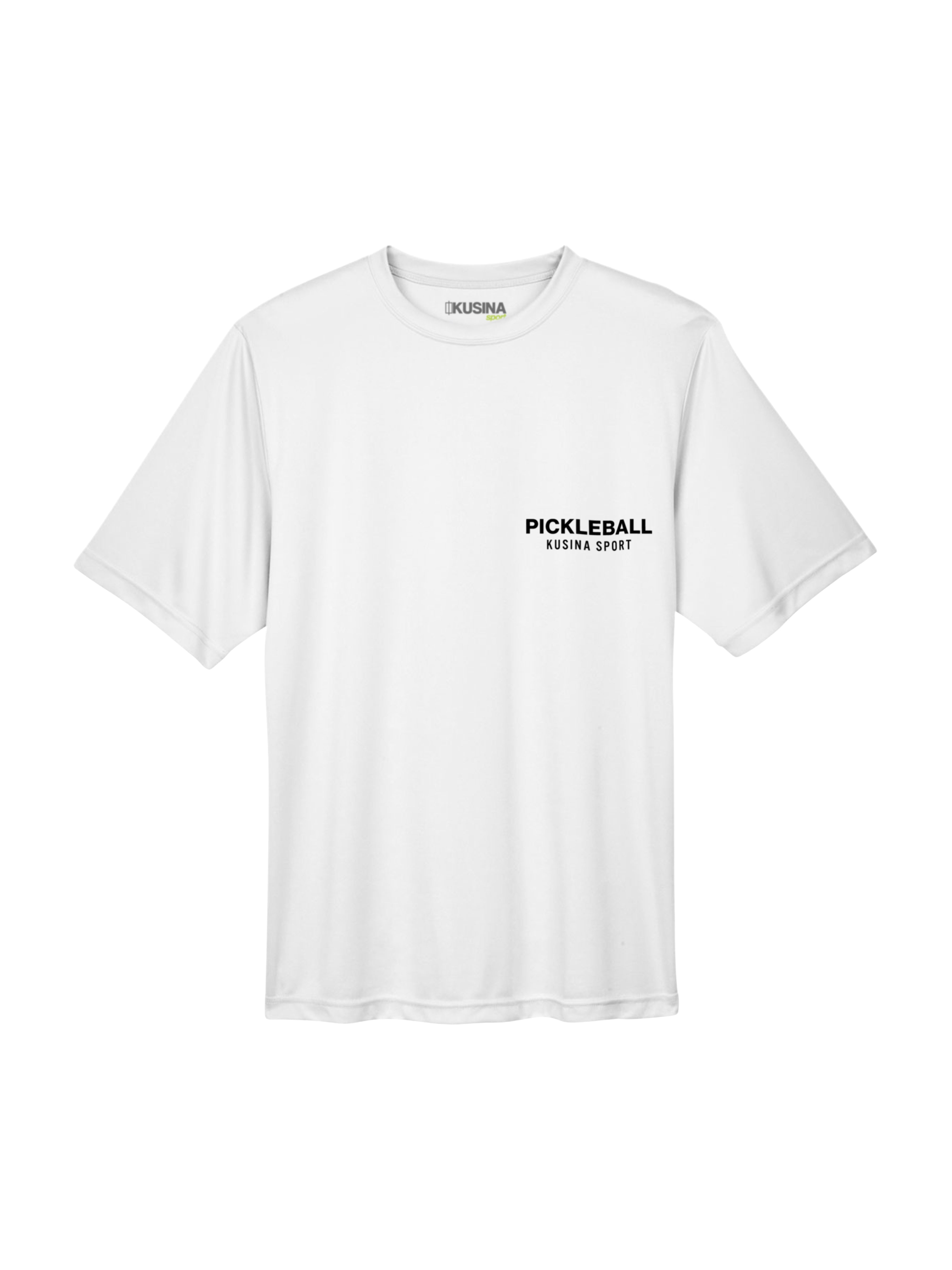 White Kusina pickleball performance tee with short sleeves and printed logo on chest