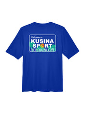 Kusina blue pickleball performance tee with Florida inspired Welcome to Kusina Sport graphic on back