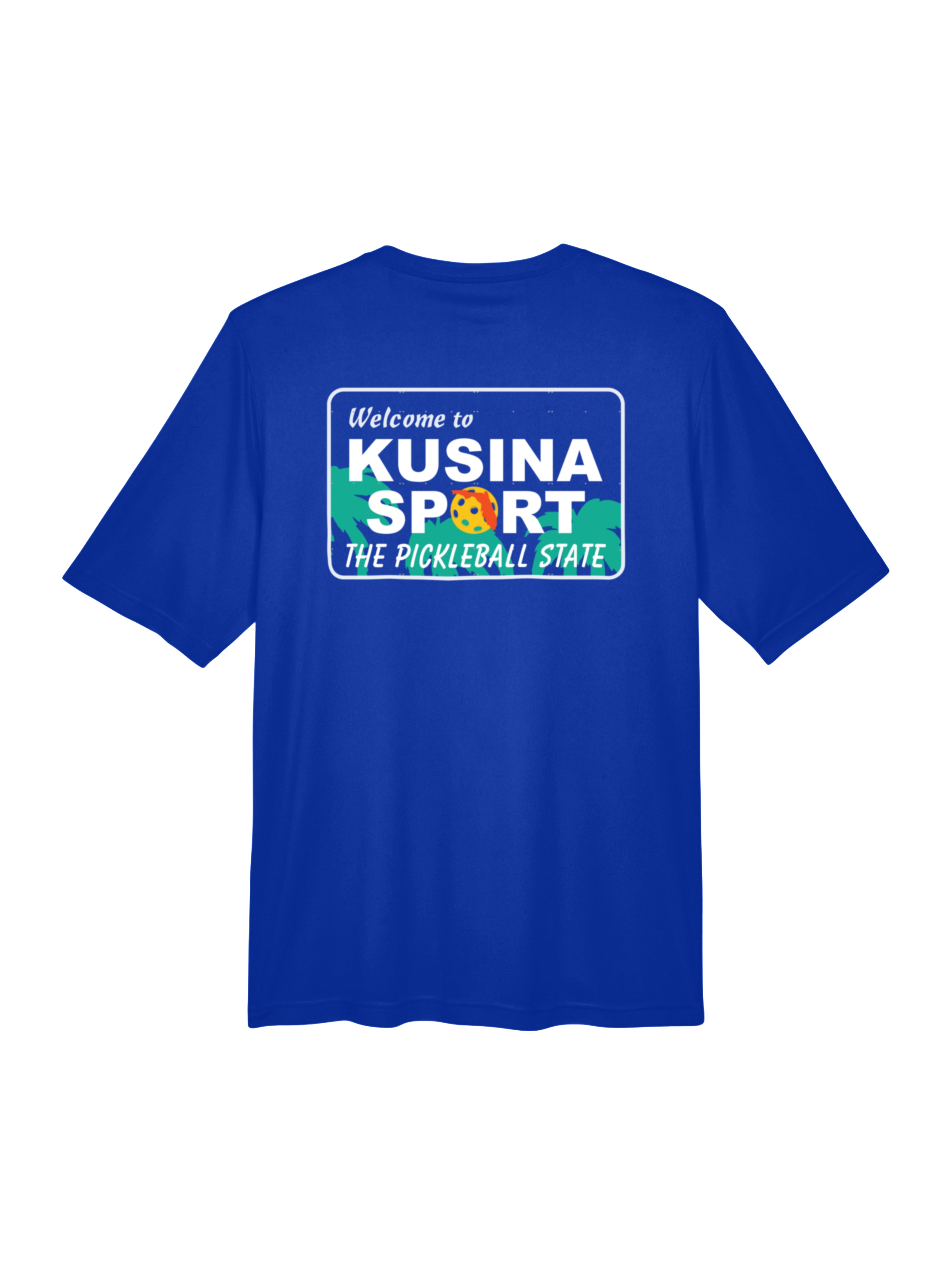 Kusina blue pickleball performance tee with Florida inspired Welcome to Kusina Sport graphic on back