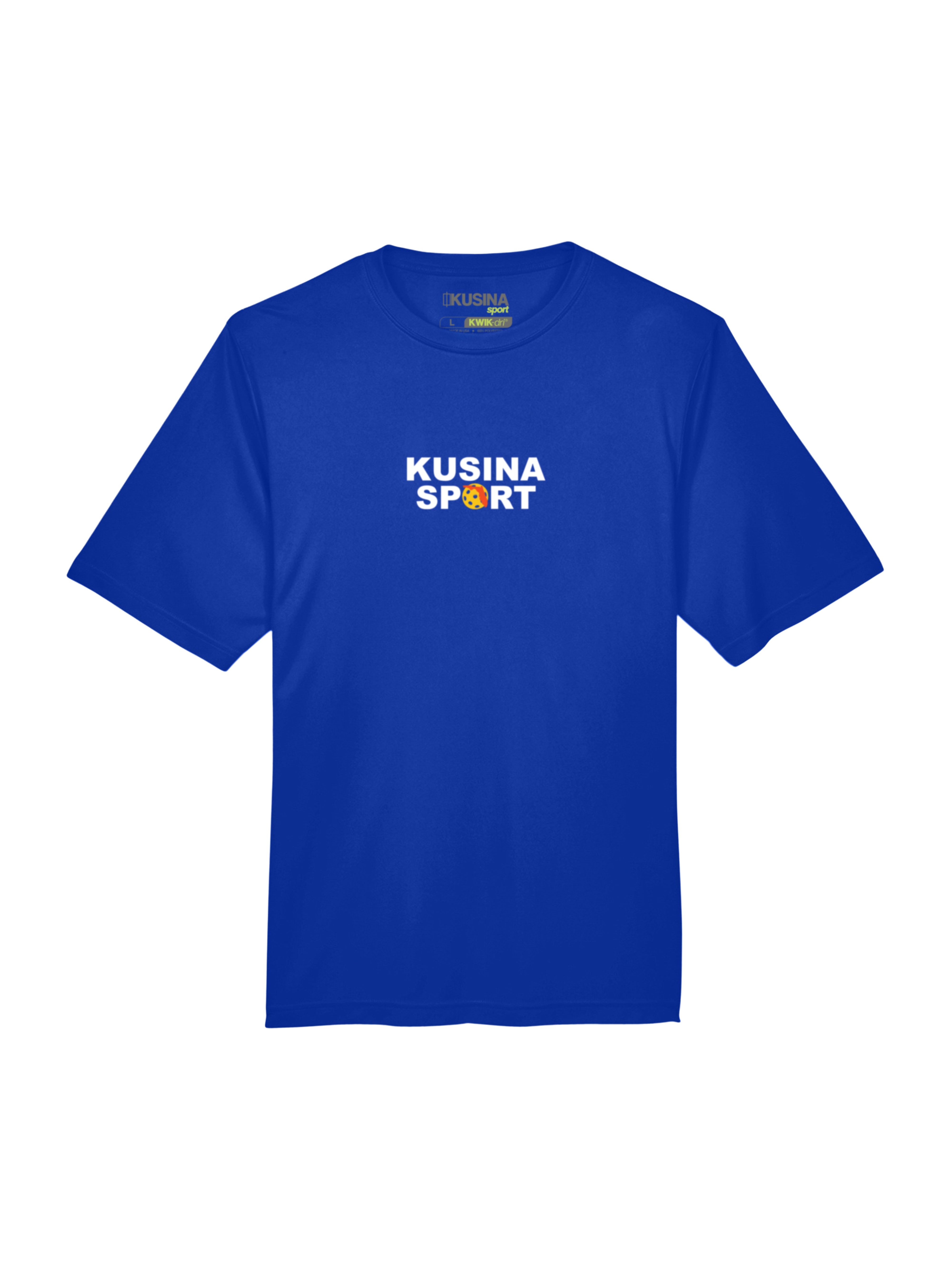 Kusina blue pickleball performance tee with Florida inspired Kusina Sport logo on front 